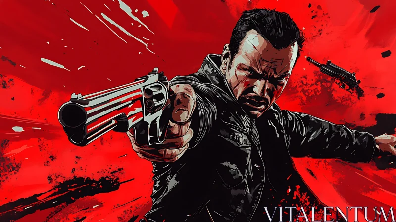 Gritty gunman in dynamic red action comic illustration.