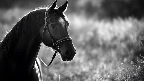 Black horse portrait in luminous backlit meadow field.