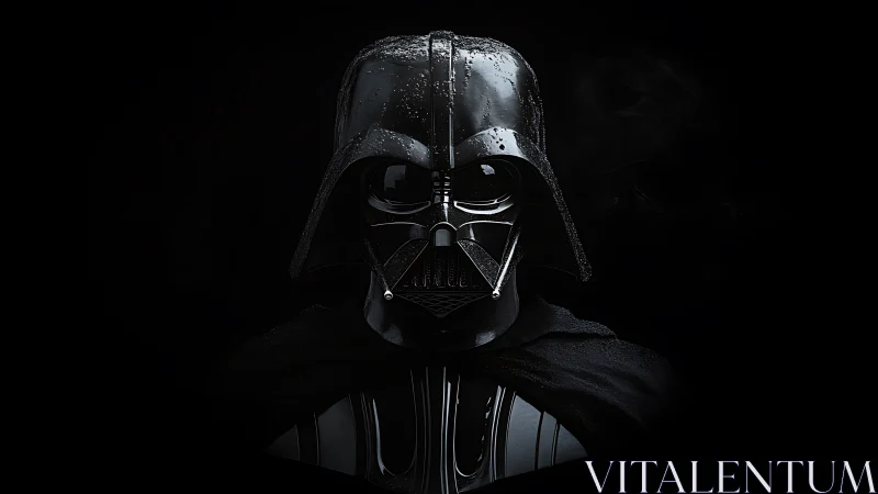 Black armored sci fi helmeted figure on dark background.