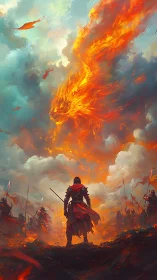 Warrior facing fiery dragon-shaped cloud over battlefield.
