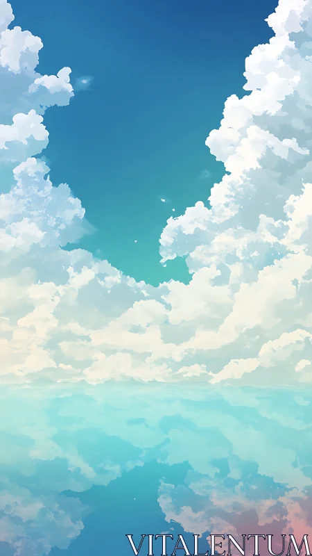 Vertical sky composition with cumulus clouds and reflection.