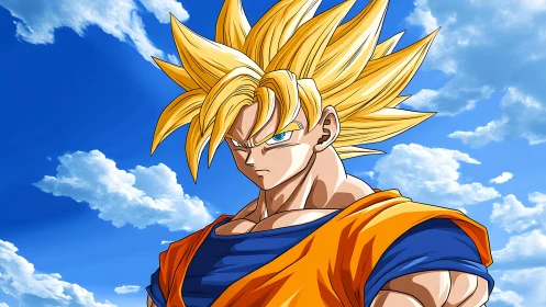 Golden haired anime warrior stands strong under bright skies