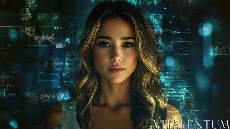 Digital portrait of woman amid teal data streams.