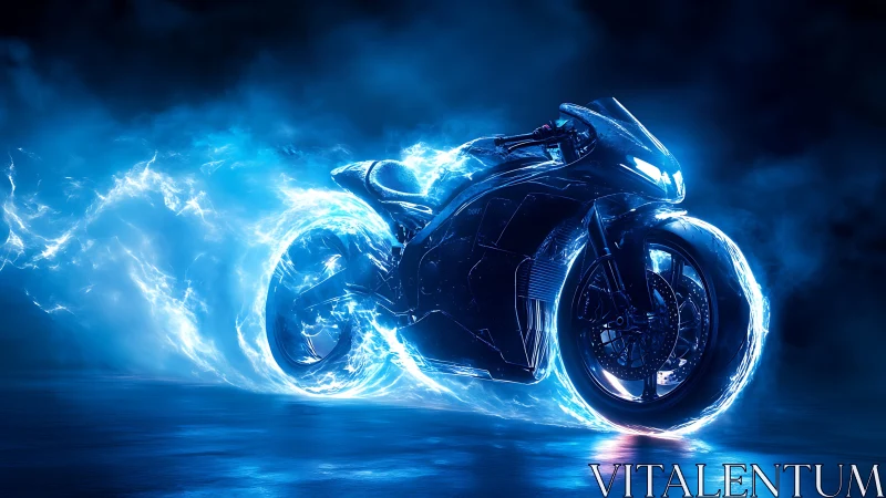 Electric blue superbike racing through glowing night storm.