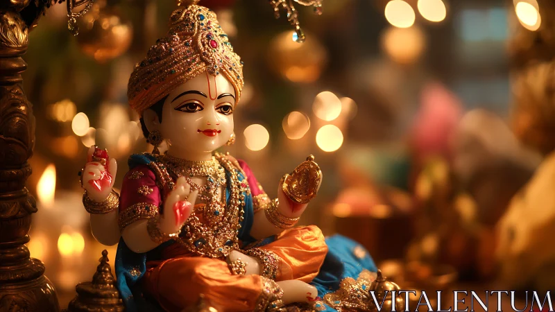 Radiant child deity idol glowing in warm festive lights.