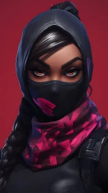 Scarlet Cipher Ninja with ember eyes and shattered scarf.