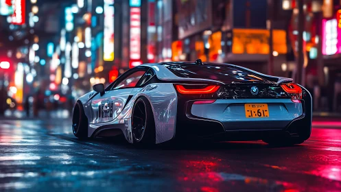 Futuristic BMW sports car glows against neon-soaked urban street