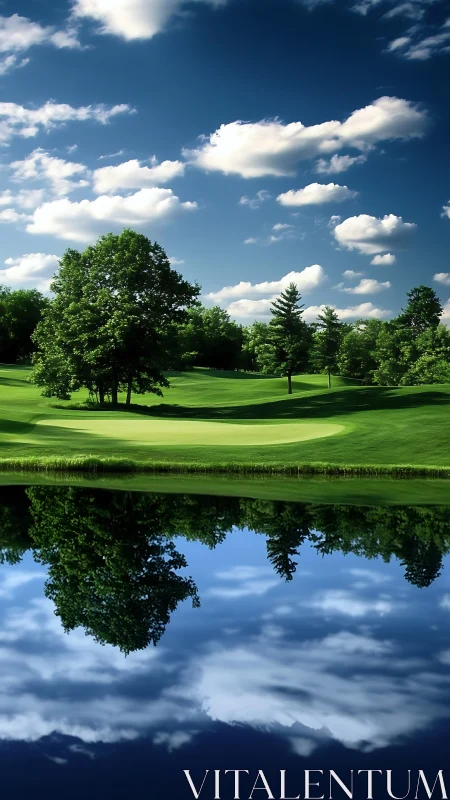 Mirror-still pond doubles a sunlit golf fairway dreamscape