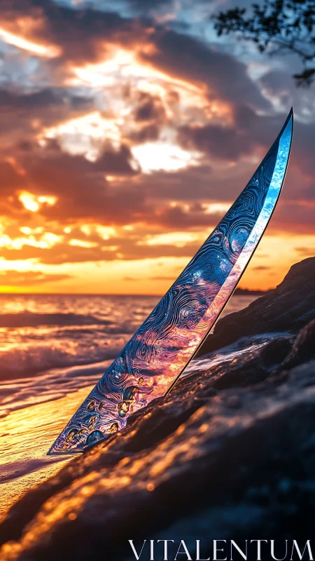 Highly reflective sculptural blade intersects saturated sunset surf