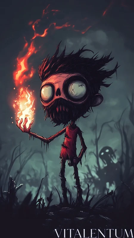 Emaciated cartoon necromancer studies volatile flame in swamp