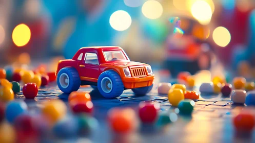 Red Toy Truck Surrounded by Colorful Spheres in Bokeh Environment