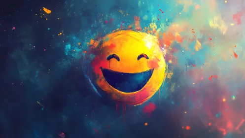 Laughing nebula smiley bursting through cosmic paintstorms.