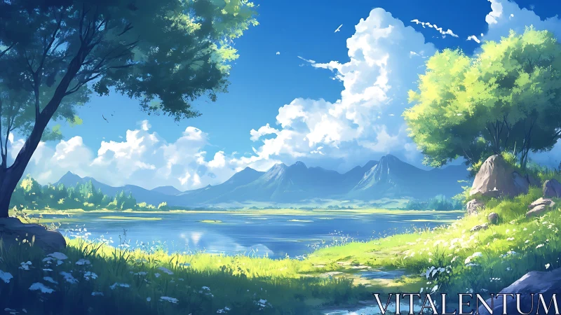 Luminous alpine lakeside landscape in vibrant digital color.