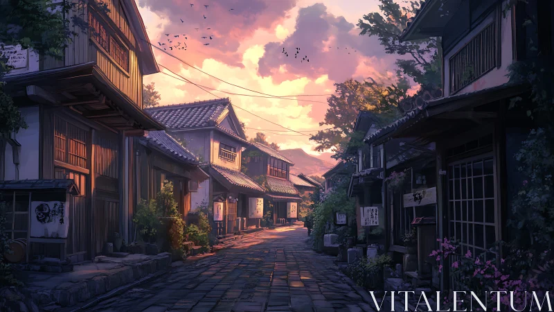 Twilight-lit traditional Japanese street with deep linear perspective
