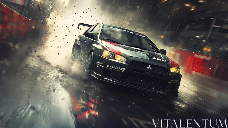 Racing drift car cuts through wet city circuit under rain