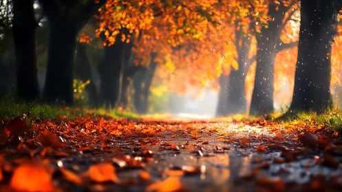 Autumn tree tunnel frames wet path covered in fallen leaves