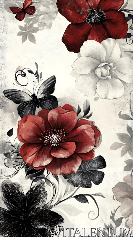 Botanical Illustration: Red Peonies with Black Swallowtail Butterfly Composition