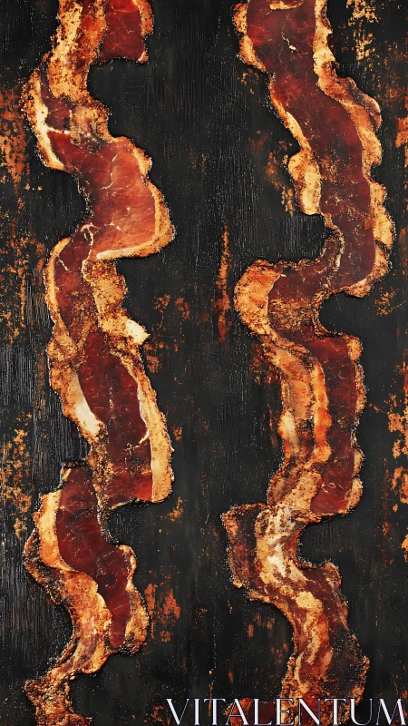 Crisp bacon rivers flow over charcoal-black breakfast canvas.