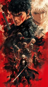 Multiple armed characters stand layered against red background.