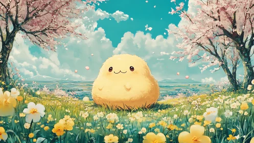 Fluffy yellow creature in chromatic spring meadow panorama.