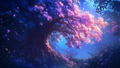 Luminescent cherry tree crowns a nocturnal enchanted forest