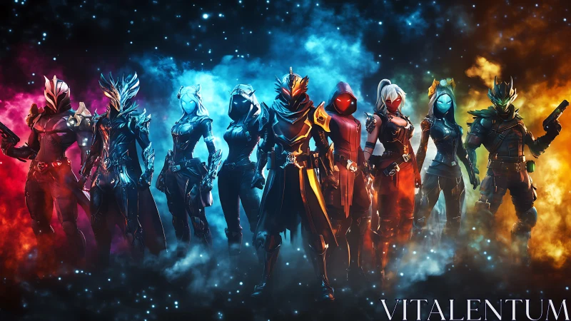 Bold sci fi heroes stand united in glowing cosmic smoke