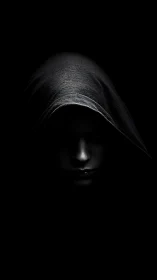 Low‑key hooded portrait with dramatic chiaroscuro lighting.