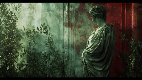 Marble muse listening to ivy in a crimson garden hush.
