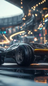 Midnight street racer gliding through neon city lights.