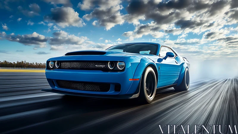Blue muscle car accelerates on open track at high speed.