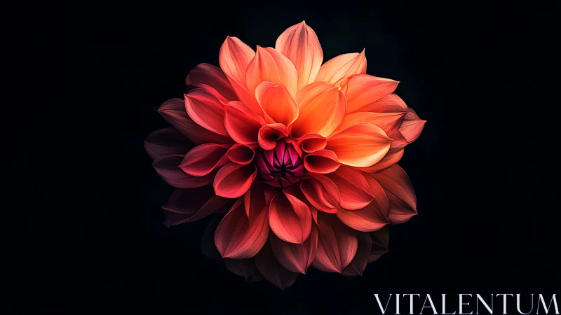 Luminous Dahlia Bloom with Radiant Coral-to-Orange Gradient Against Black Background