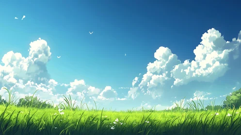 Bright green meadow under deep blue sky and clouds.