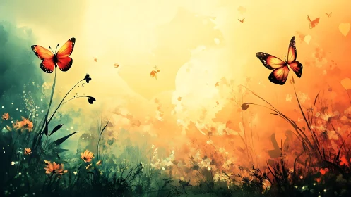 Sunlit meadow with orange butterflies in dreamy bloomscape.