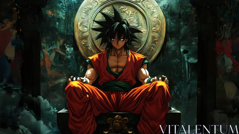 Powerful warrior rests on a throne in a stormy chamber