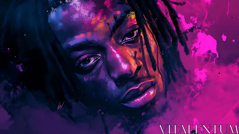 Neon-drenched portrait drifts through electric violet haze