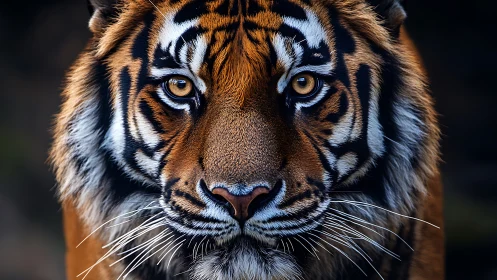 High-resolution frontal portrait of Bengal tiger in low light