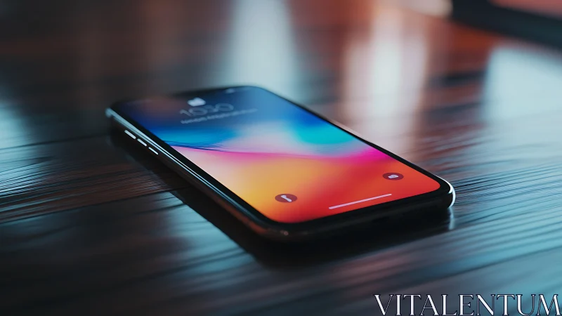 Black smartphone with gradient display wallpaper on surface.