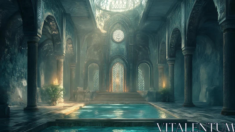 Moonlit palatial bath where emerald water guards secrets.