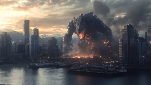 Giant lava monster towering over modern waterfront city.