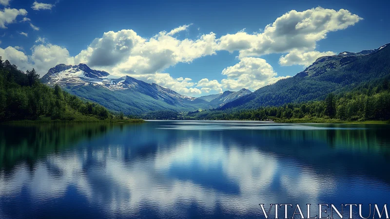 Serene mountain lake mirrors bright clouds and rolling peaks