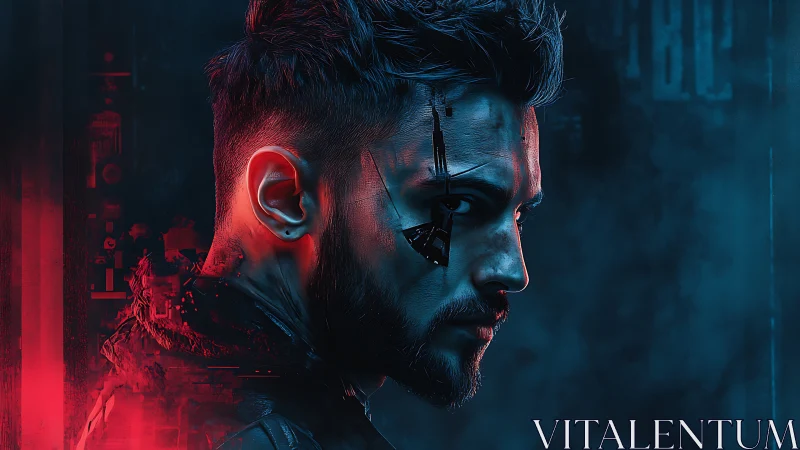 Augmented vigilante in bicolor cybernetic portrait render.