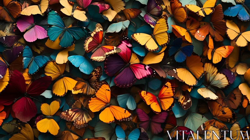 Vibrant butterfly swarm in dense overlapping flight pattern.