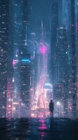 Neon soaked future skyline welcomes a lone city dreamer