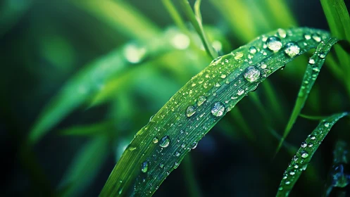 Dew-covered grass blade catches vivid morning light