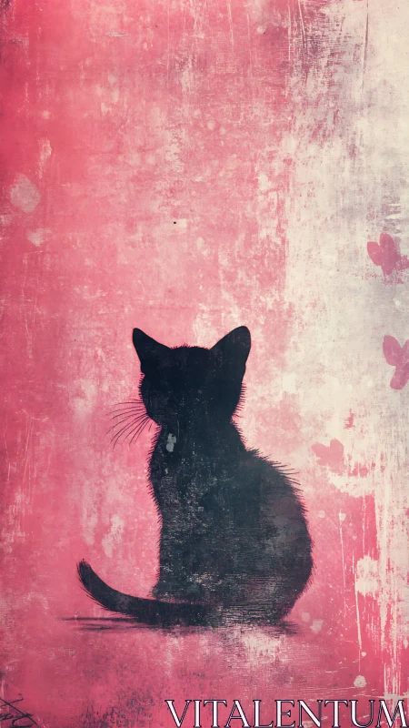 Black Cat Against Distressed Pink Wall