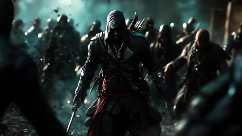 Hooded armed figure advances through dense hostile crowd