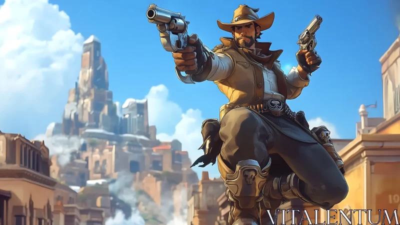 Stylized gunslinger mid-leap with dual revolvers in desert city
