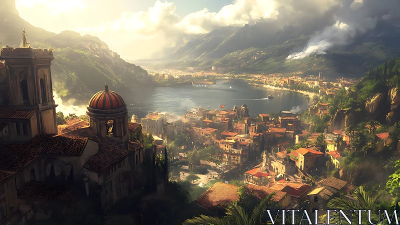 Sunlit coastal citadel curves around misty mountainous bay