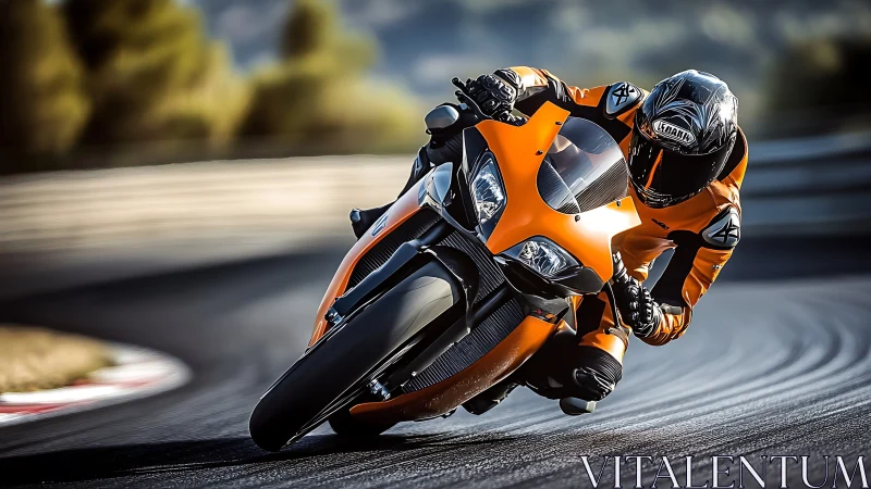 Orange superbike leans hard into a sunlit racetrack curve