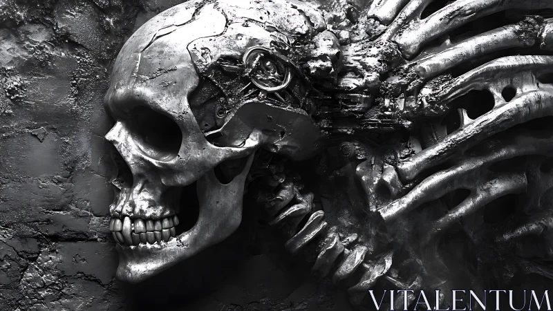 Metallic biomechanical skull merges with fused ribcage wall